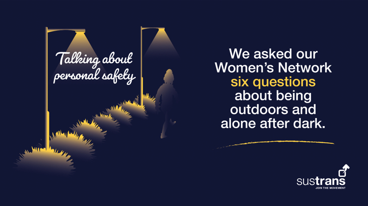 Illustrated graphic of lone woman walking alone at night under streetlights with text reading 'Talking about personal safety. We asked our Women's Network six questions about being outdoors and alone after dark'.