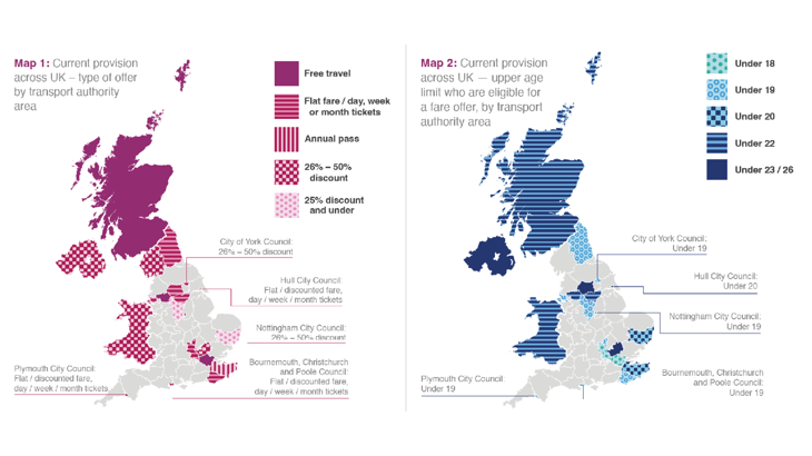 Two side by side maps of the UK showing offers on public transport for young people in different transport authority areas