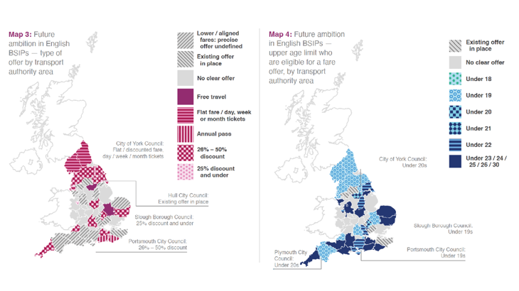 Two side by side maps of the UK showing offers on public transport for young people in different transport authority areas