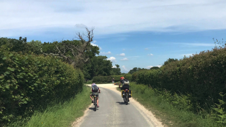 Adult and child cycling on a quiet country lane. Tall green hedges are either side of the lane. The sky is blue with some clouds. It looks like a hot day.