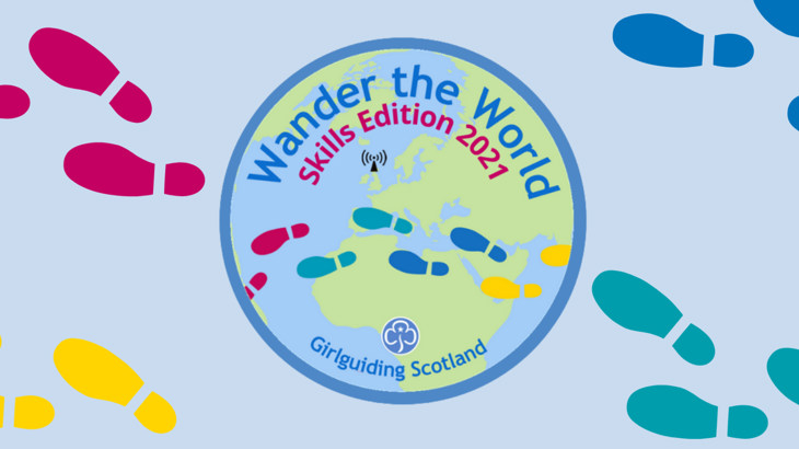 Logo for Wander the World, a Girlguiding Scotland project, featuring a global and footprints