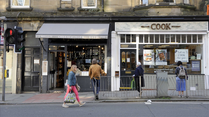Morningside in Edinburgh pictured with on road social distancing measures.