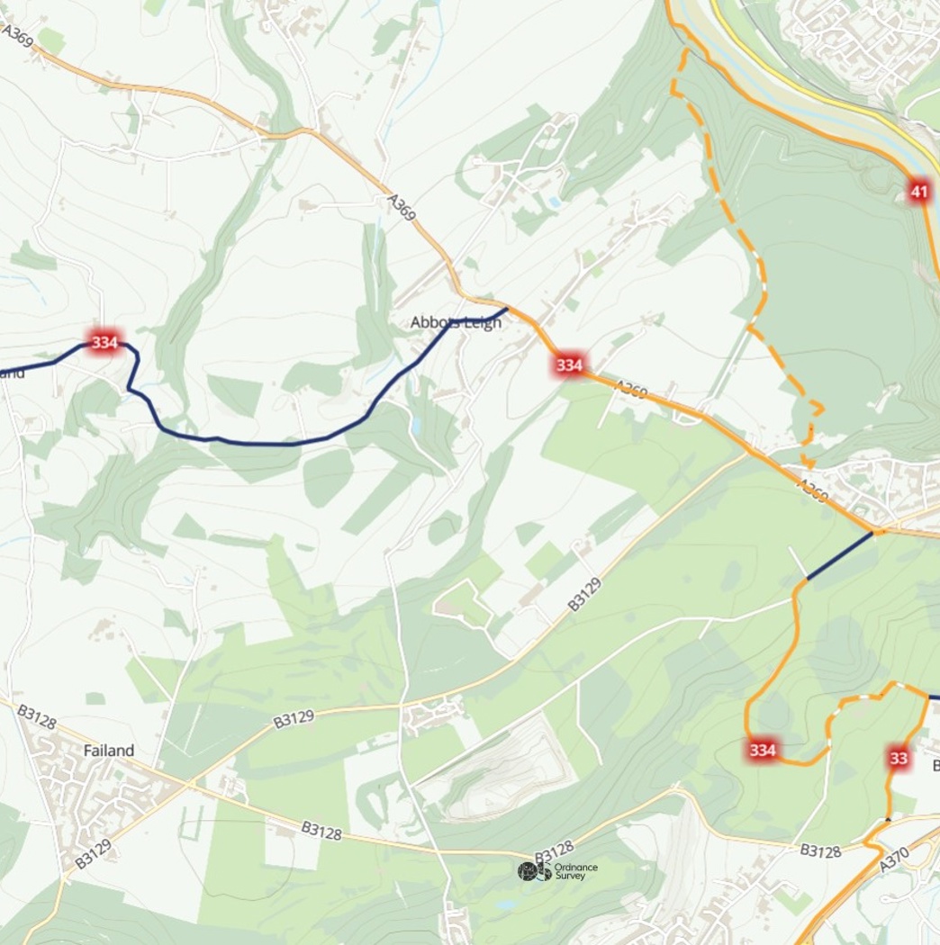 Route 334 shown on Ordnance Survey map