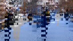 A cyclists rides through the snow on a shared path with walkers