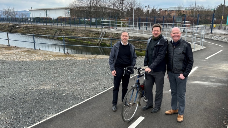Councillor Michael McCormick, Chris Brace, from Walk Wheel Cycle Trust, and Brian Lavalette, from Peel L&P at the opening of East India Harbour.