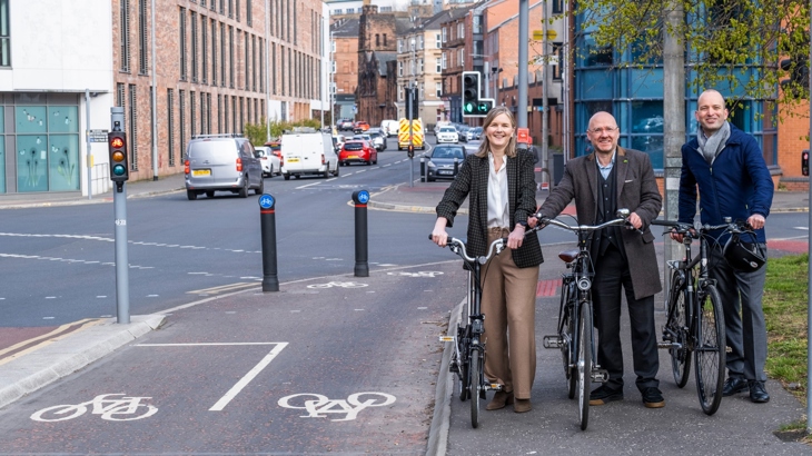 Minister for Active Travel, Patrick Harvie MSP and Walk Wheel Cycle Trust in Scotland Director Karen McGregor attending the launch event for the Cycling Framework.