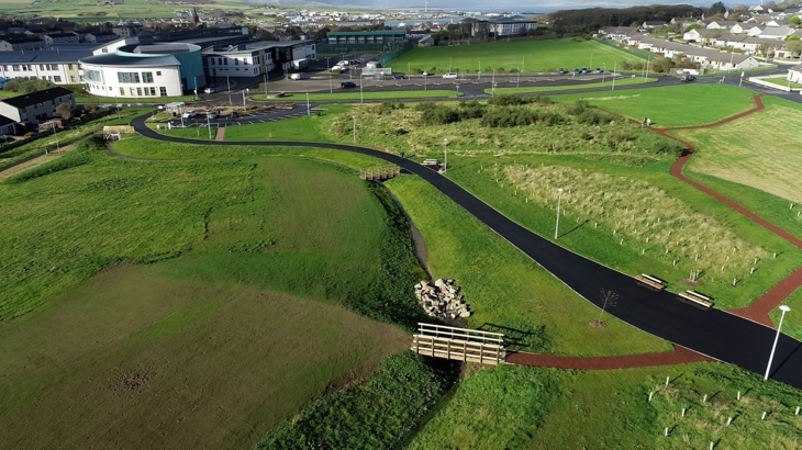Path through Papdale Park, Kirkwall pictured from above.