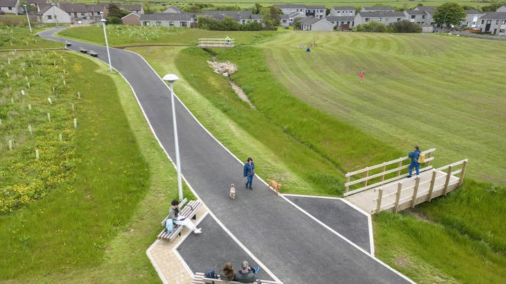 An aerial shot showing the paths in Papdale Park, Kirkwall.