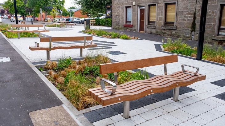 Gardens and benches within Craigie Street Pocket Park, Dundee