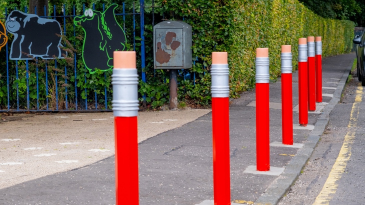 Pencil bollards as part of the traffic calming measures outside of a school in Corstorphine.