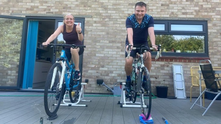Trev, joined by his wife Emma, puts in the miles on a static bike. Photo credit: Trevor Cullen and Olie Baumann. Photo credit: Trevor Cullen and Olie Baumann.