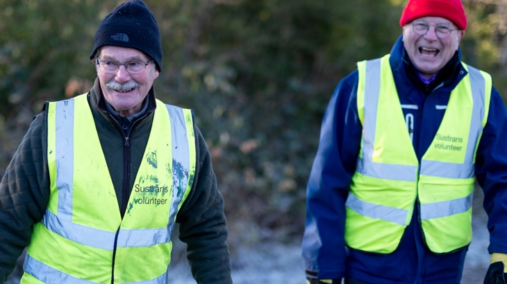 Thursday Squad volunteers having fun while litter picking on National Cycle Network Route 7 in Renfrewshire.