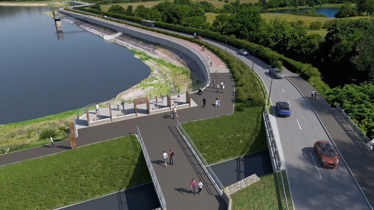 A computer render Of Aurs Road Promenade, showing people crossing a bridge and going along the waterside away from the main road.