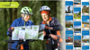 Two cyclists consult a Walk Wheel Cycle Trust long-distance map on a lush forest cycle trail. Map front covers overlaid: Coast and Castles, Hadrian's cycleway, C2C