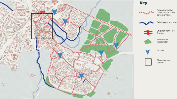 A map and key showing how new cycling and walking infrastructure can connect the denser masterplan to Chippenham centre, station and schools.