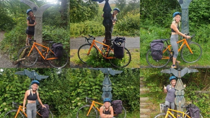 A collage of photos of a woman with blonde hair and an orange bike next to different cast-iron sculptures called a Millennium Mileposts on the Network