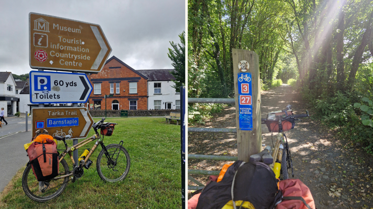Left image: A bamboo bike with panniers leaning against a direction sign showing 'Tarka Trail' and Barnstaple. Right image: A National Cycle Network Route 3 and 27 sign with a bamboo bike, the trail through trees ahead.