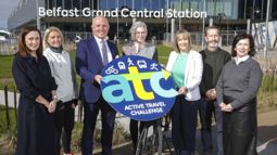 Walk Wheel Cycle Trust launch annual Active Travel Challenge with funders outside Grand Central Station in Belfast