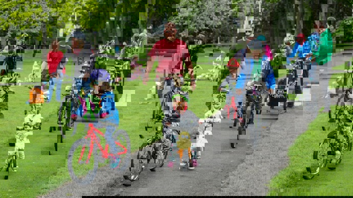 families walking and cycling