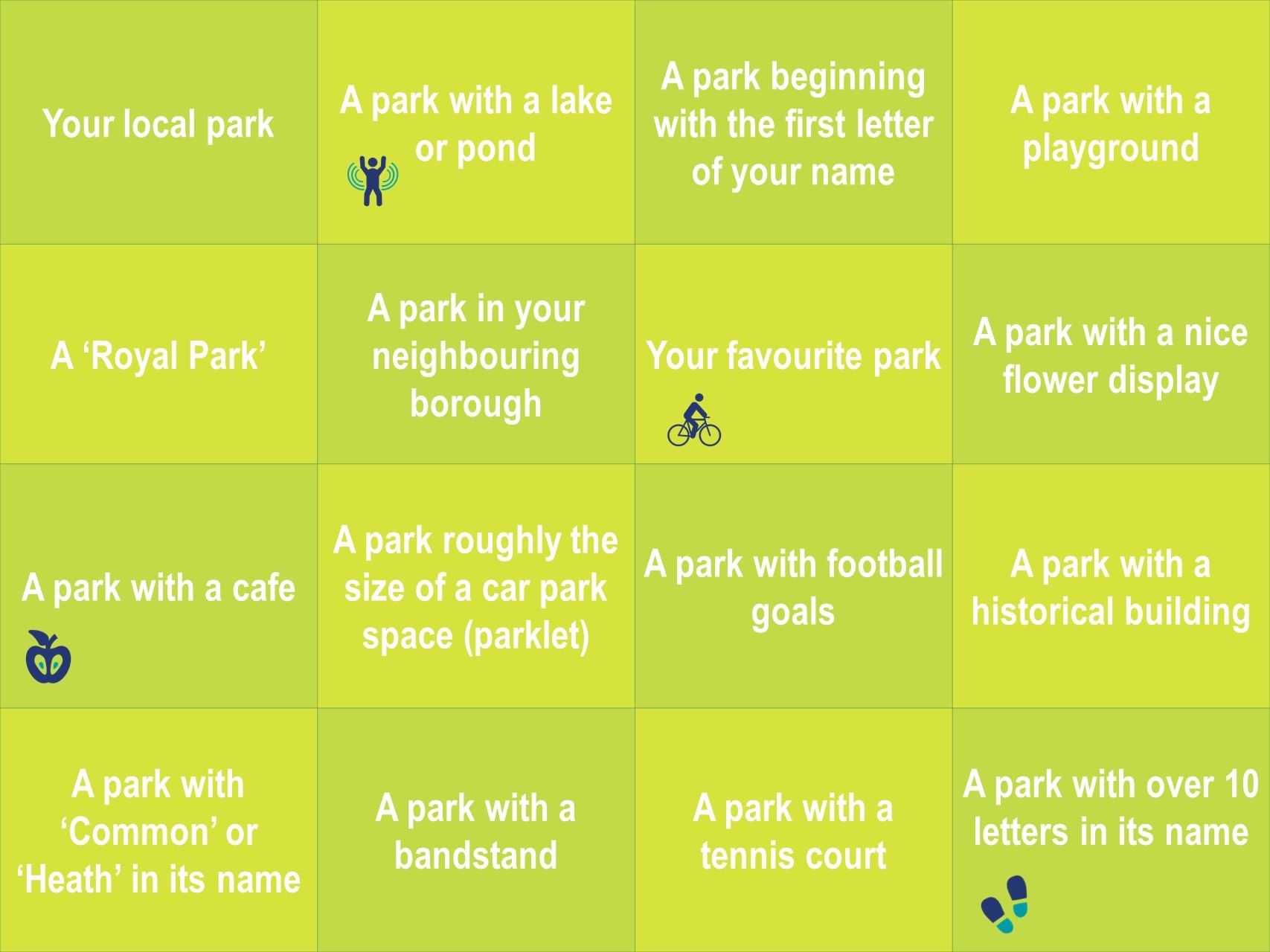 Parks and green spaces bingo board