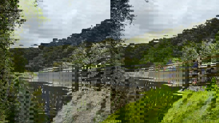 Two people people on cycles going over bridge in wooded valley