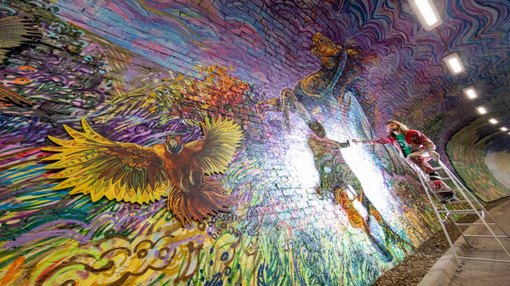 Artist Chris Rutterford painting at the Colinton Tunnel, NCN 75. ArtRoots has supported the Colinton Tunnel project with funding.