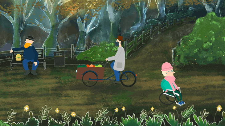 Illustration of a person riding a cargo bike, someone exercising in a wheelchair, and enjoying lunch on a park bench.