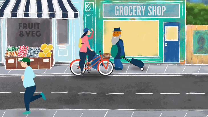 Illustration of people using active travel in a Scottish town centre