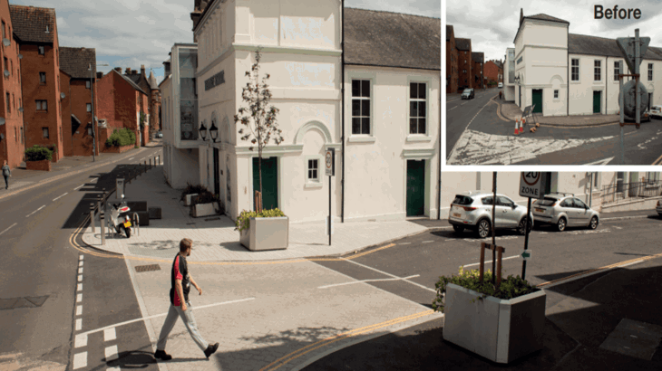the image shows Shakespeare Street after infrastructure measures have been put in place at the road's crossing to help safe walking and cycling