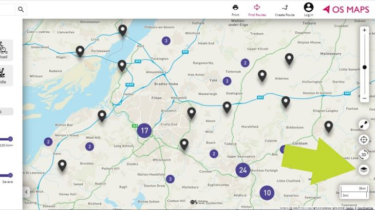 Screenshot image of OSmaps website, UK map and an arrow pointing to where the icon is to select the layer for the NCN