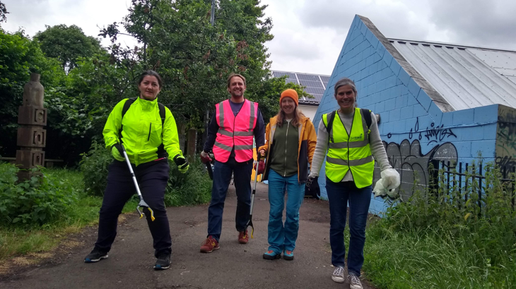 Four Walk Wheel Cycle Trust colleagues out on the Bristol and Bath Railway Path to clean up the route and pick up litter.