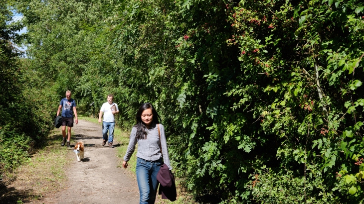 Walkers and dog on the Lias Line, Warwickshire