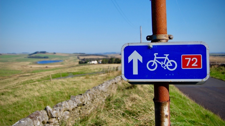 Sign marking National Cycle Network Route 72, Hadrian's Cycleway,