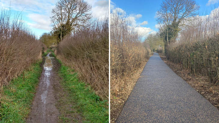 Before and after image of route improvement works. Side by side comparison showing muddy flooded path compared with freshy laid new surface.