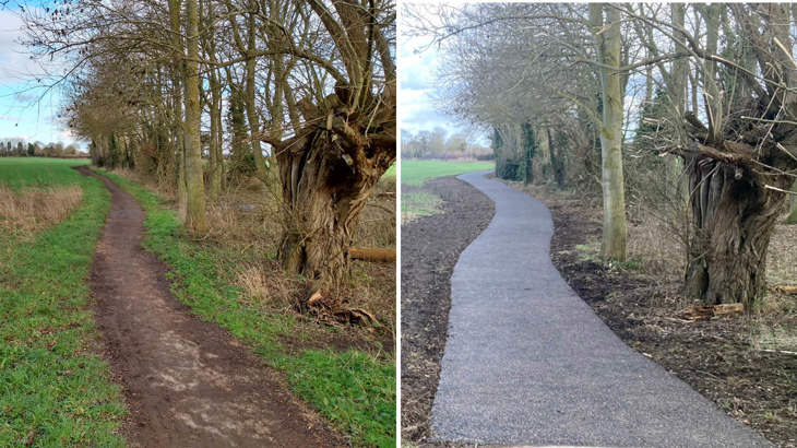 before and after comparison of the route, showing change from muddy narrow track to freshly laid new surface. 