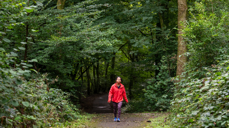 A person walking through a forest