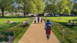 A landscape architect visual of the boundary park with the new path going through it, used by cyclists, families walking and relaxing on the grass area