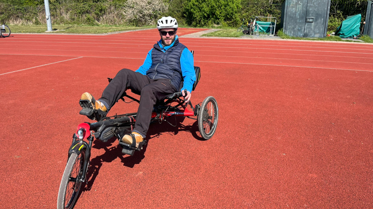 Kierson on a recumbent bike.