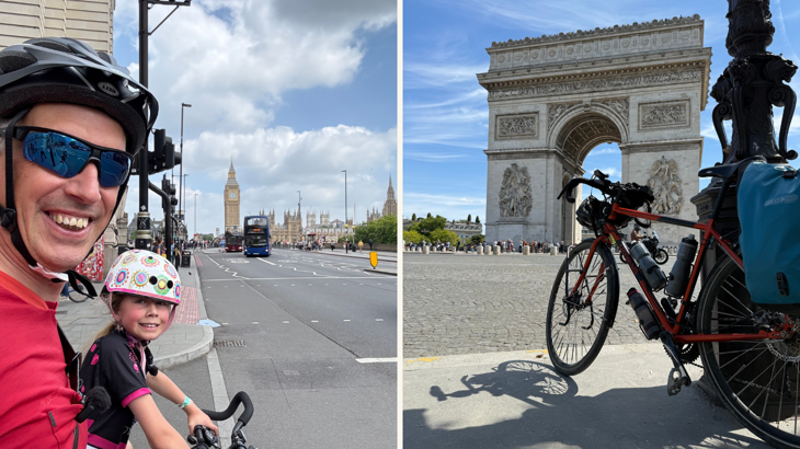 Ian and his daughter Iona on their bikes in front of the Big Ben in London. Next photo shows Ian's bike in front of the Arc de Triomphe in Paris.