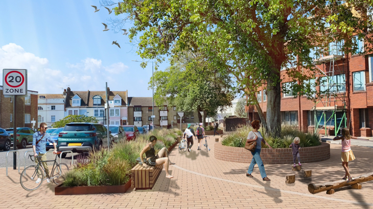 A landscape architect visual of a public space in Margate; showing a pedestrian 20 zone where people are walking, resting, children are playing, with trees and planted shrubs.