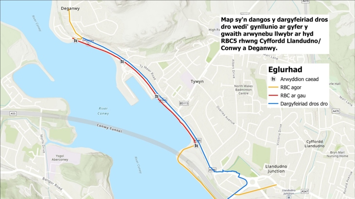 A map showing the proposed diversion for NCN 5 whilst the route by Deganwy will be closed for resurfacing work.