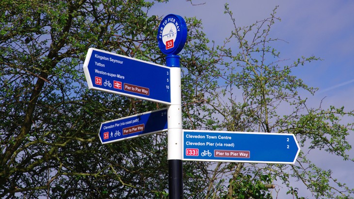 A route sign showing three different directions of Route 33 with the current route being the Pier to Pier Way.