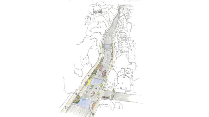 Sketch showing plans for Highgate Hill in Islington, London.
