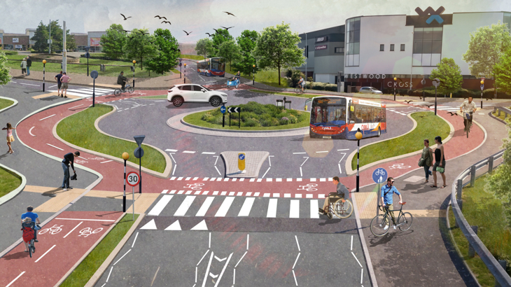 A landscape architect visual of Westwood Cross roundabout as a Dutch-style junction with clear cycle lanes, walking paths to cross the street and green areas surrounding the junction.