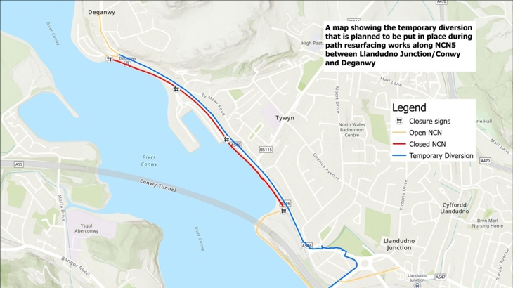 A map showing the proposed diversion for NCN 5 whilst the route by Deganwy will be closed for resurfacing work.