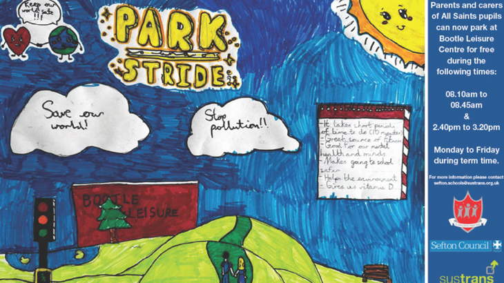 A poster drawn by a child showing a blue sky and a green field with wording at the top which reads Park and Stride along with other text which says stop pollution and save our world